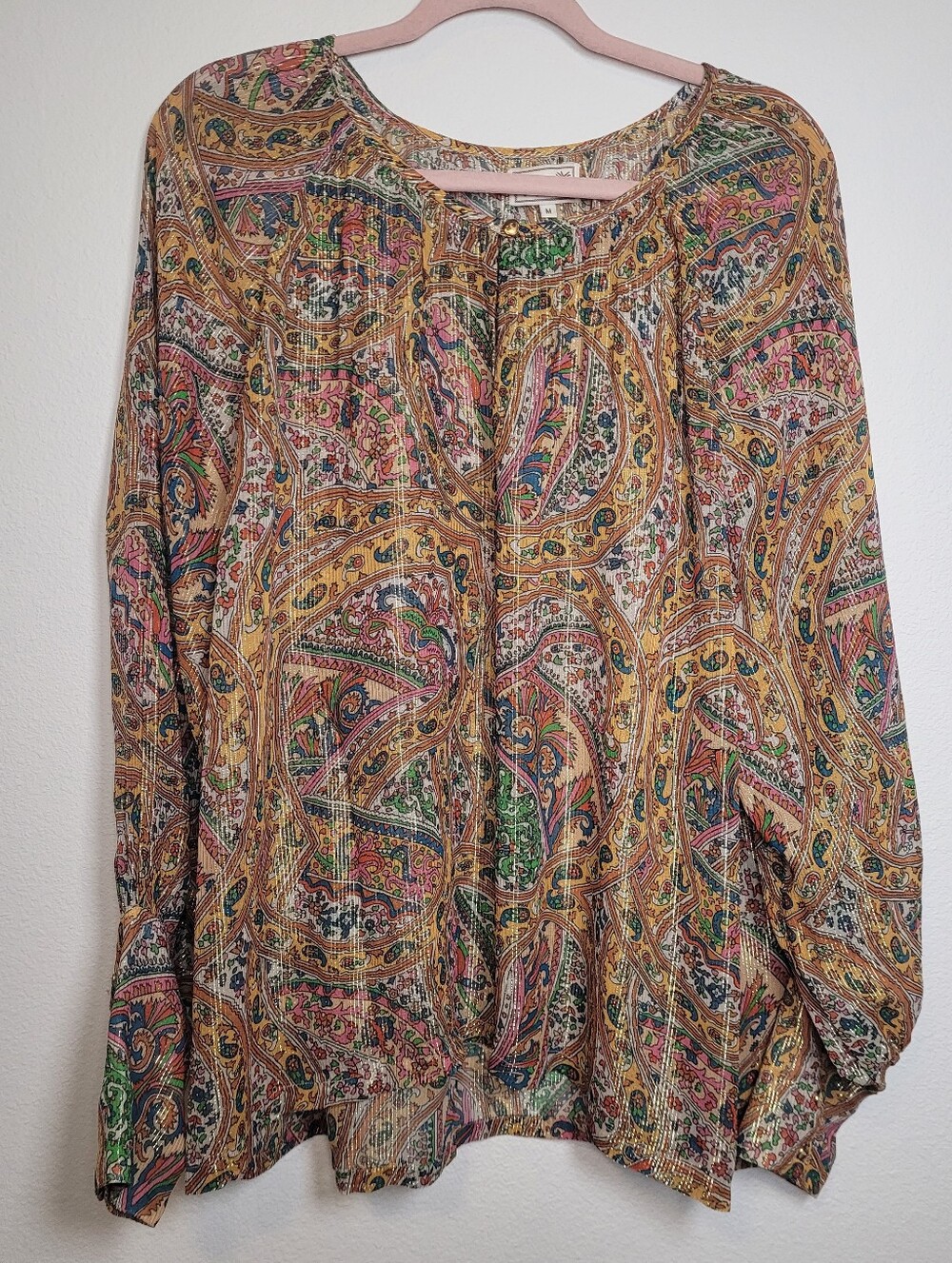 MILLE Paisley Top Medium Metallic Lurex Gold Yellow Resort Blouse Boho Sheer